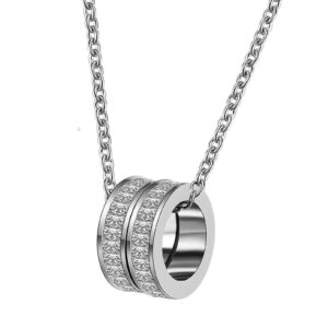 Double Ring Pendant Necklace – Silver Tone, Stainless Steel
